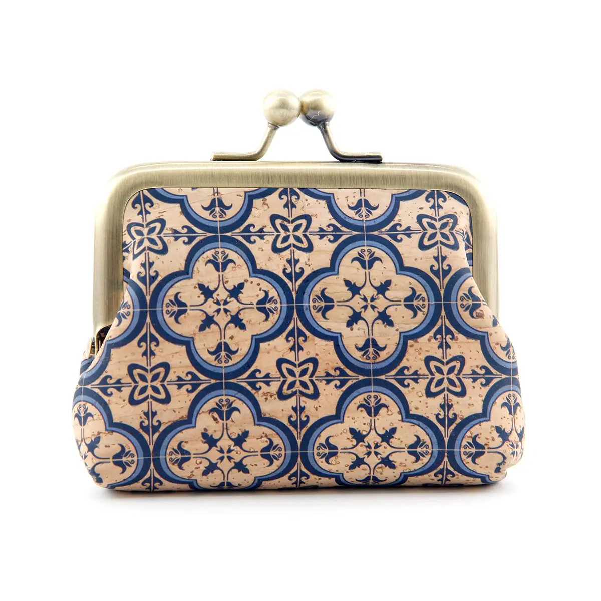 Portuguese Azulejo & Mandala Print Mini Pouch - Eco-Friendly Vegan Change Purse 10 Hcork-Blue-Quatrefoil-Cork-Coin-Purse