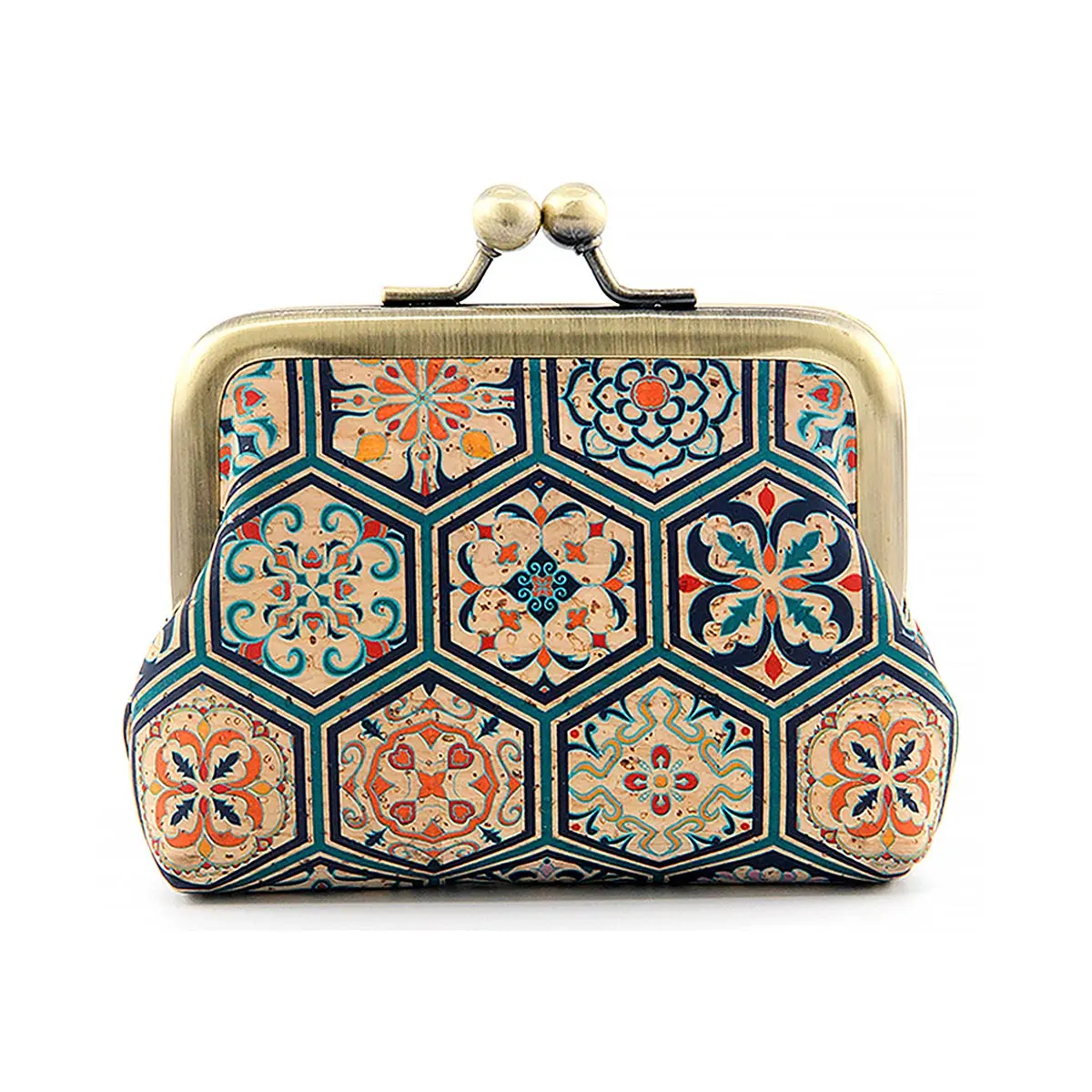 Portuguese Azulejo & Mandala Print Mini Pouch - Eco-Friendly Vegan Change Purse 11 Hcork-Honeycomb-Tile-Cork-Coin-Purse