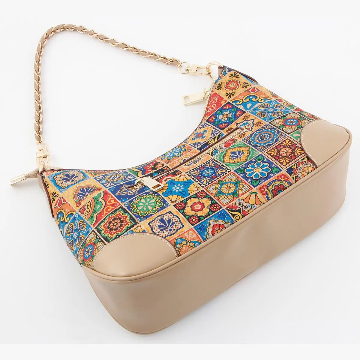 Portuguese Azulejo Cork Shoulder Bag - Vegan Hobo Purse with Gold Chain Strap 4 Hcork-Patchwork-Tile-Cork-Shoulder-Bag-2