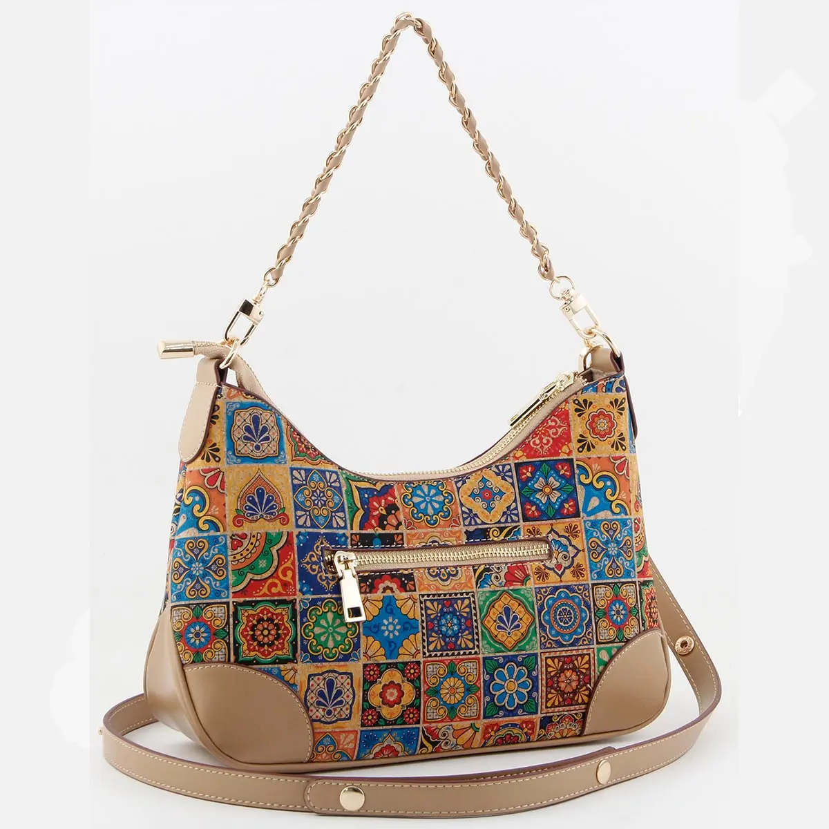 Portuguese Azulejo Cork Shoulder Bag - Vegan Hobo Purse with Gold Chain Strap 2 Hcork-Patchwork-Tile-Cork-Shoulder-Bag-4