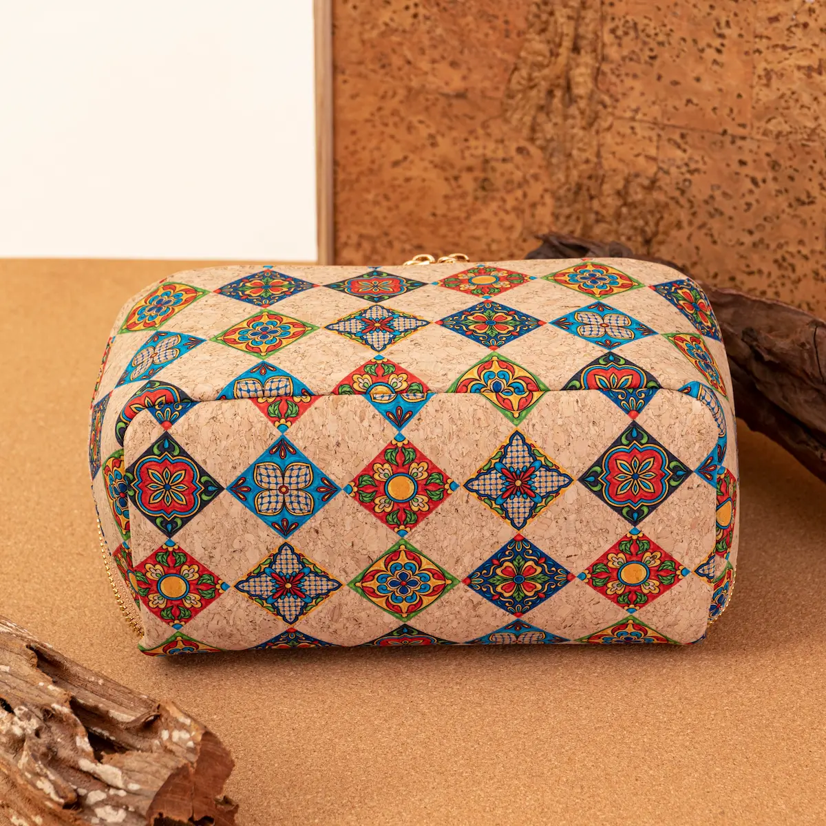 Handmade Portuguese Cork Makeup Bag - Eco-Friendly Toiletry Travel Case with Azulejo Pattern - Image 4