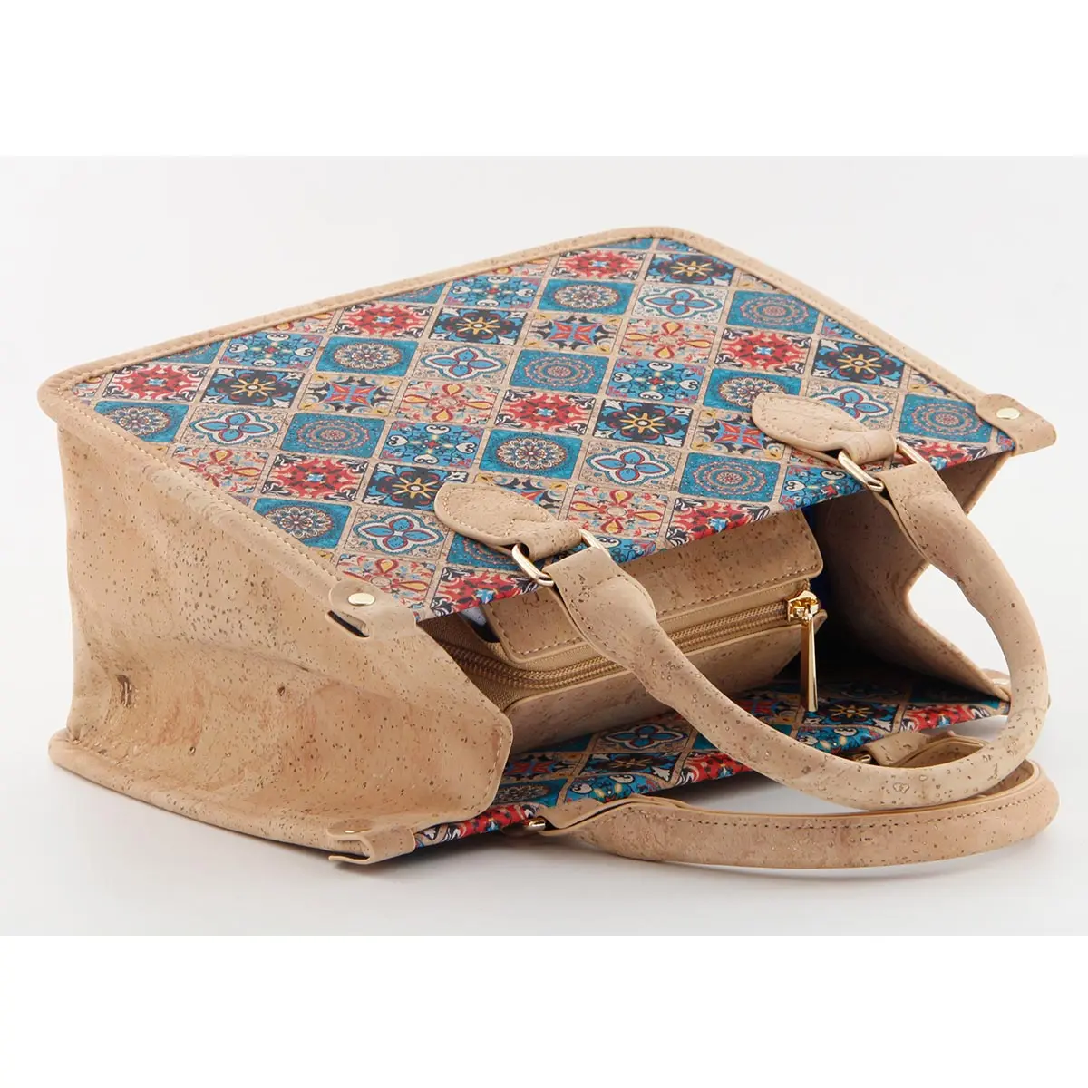 Portuguese Azulejo Cork Tote Bag - Structured Vegan Handbag with Divider 3 Portuguese Azulejo Cork Tote Bag - Structured Vegan Handbag with Divider - Image 3