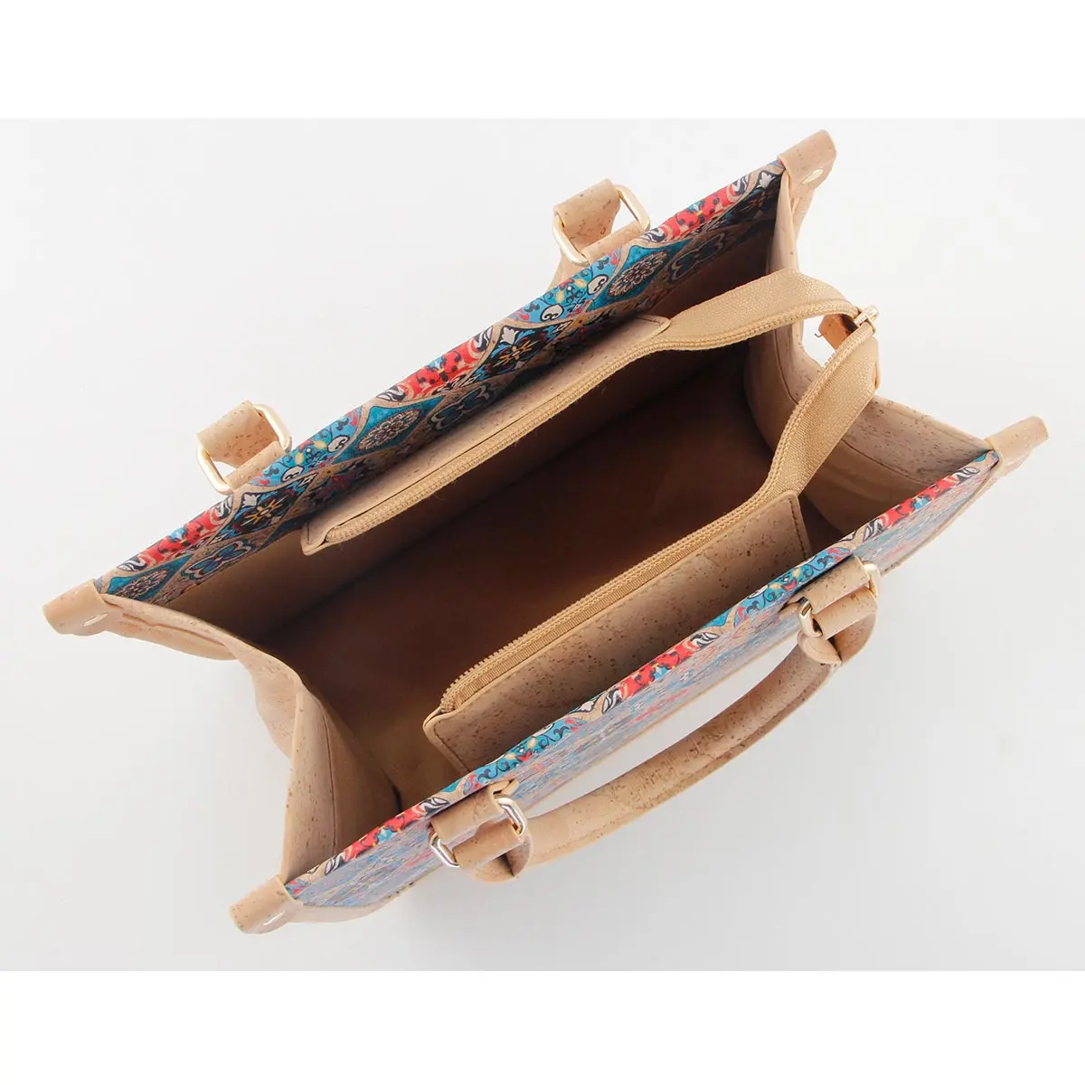 Portuguese Azulejo Cork Tote Bag - Structured Vegan Handbag with Divider 6 Mosaic-Tile-Cork-Top-Handle-Satchel-Bag-2