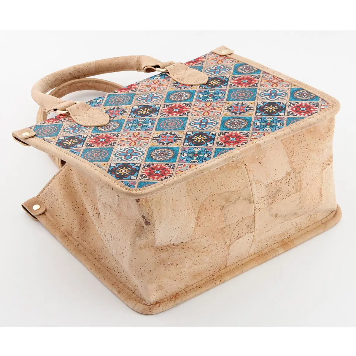 Portuguese Azulejo Cork Tote Bag - Structured Vegan Handbag with Divider 4 Mosaic-Tile-Cork-Top-Handle-Satchel-Bag-4