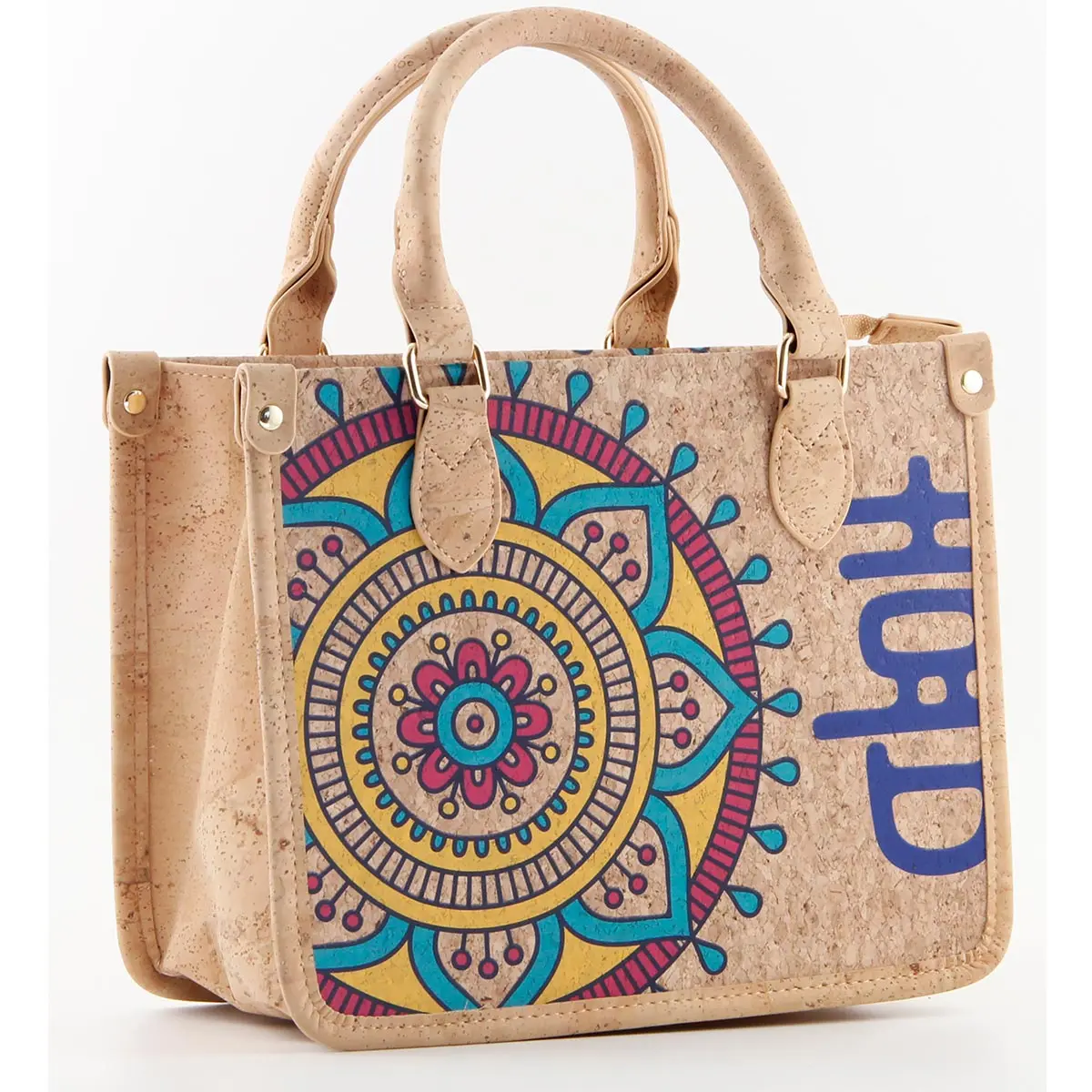 Portuguese Azulejo Cork Tote Bag - Structured Vegan Handbag with Divider 8 Mosaic-Tile-Cork-Top-Handle-Satchel-Bag-7
