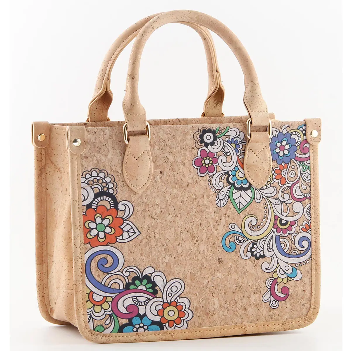 Portuguese Azulejo Cork Tote Bag - Structured Vegan Handbag with Divider 9 Mosaic-Tile-Cork-Top-Handle-Satchel-Bag-8