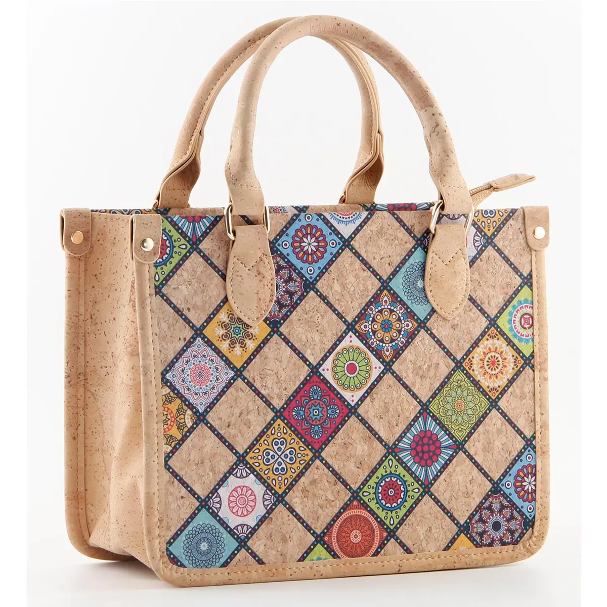 Portuguese Azulejo Cork Tote Bag - Structured Vegan Handbag with Divider 10 Mosaic-Tile-Cork-Top-Handle-Satchel-Bag-9