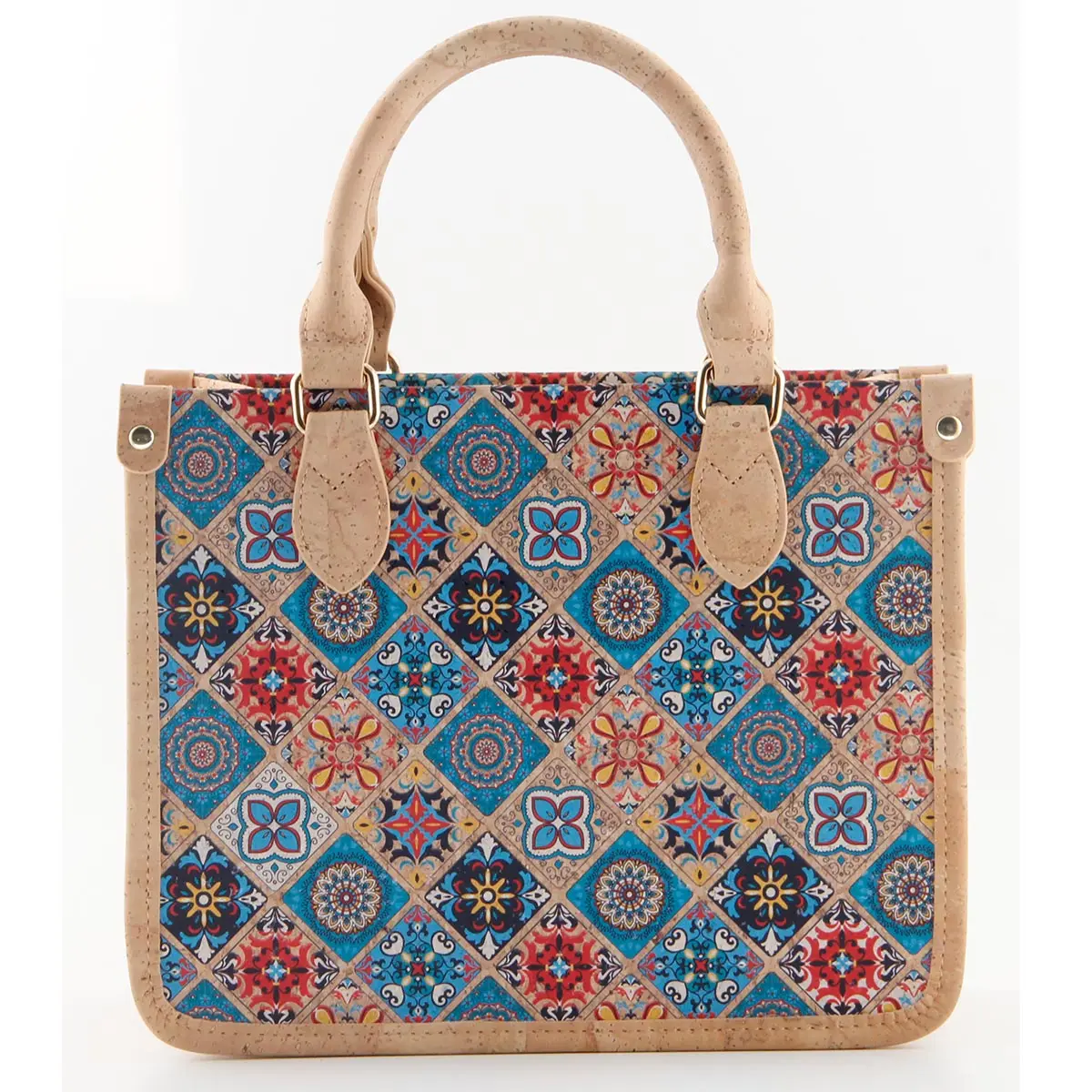 Portuguese Azulejo Cork Tote Bag - Structured Vegan Handbag with Divider 2 Mosaic-Tile-Cork-Top-Handle-Satchel-Bag