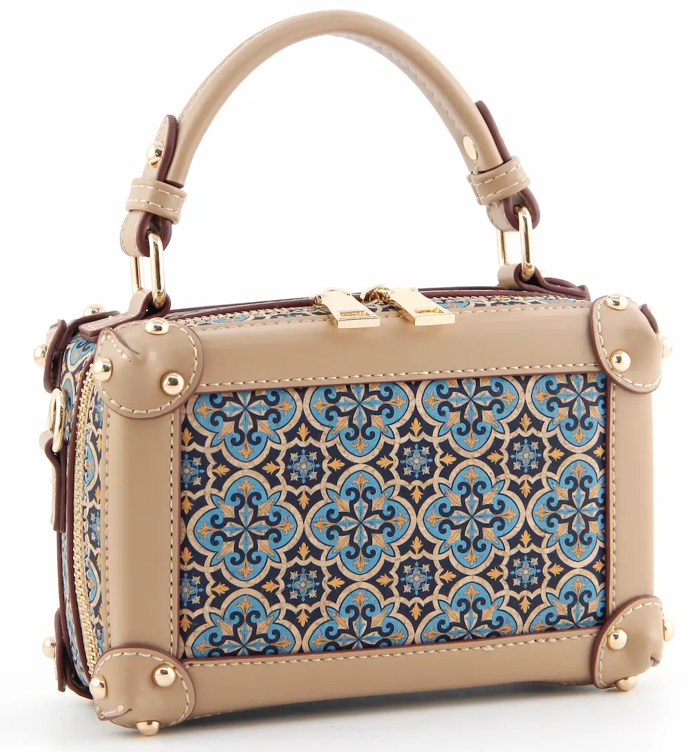 Portuguese Azulejo Cork Mini Trunk Bag - Structured Vegan Crossbody Box 3 Portuguese Azulejo Cork Mini Trunk Bag - Structured Vegan Crossbody Box - Image 3