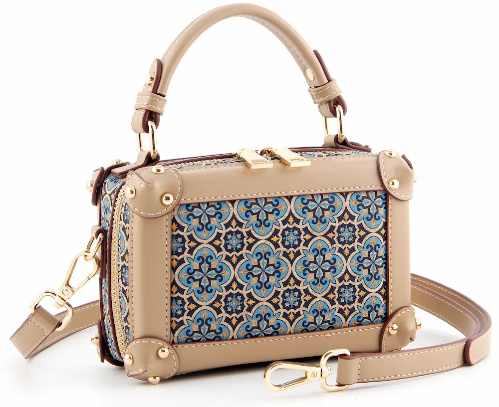 Portuguese Azulejo Cork Mini Trunk Bag - Structured Vegan Crossbody Box 2 Portuguese Azulejo Cork Mini Trunk Bag - Structured Vegan Crossbody Box - Image 2