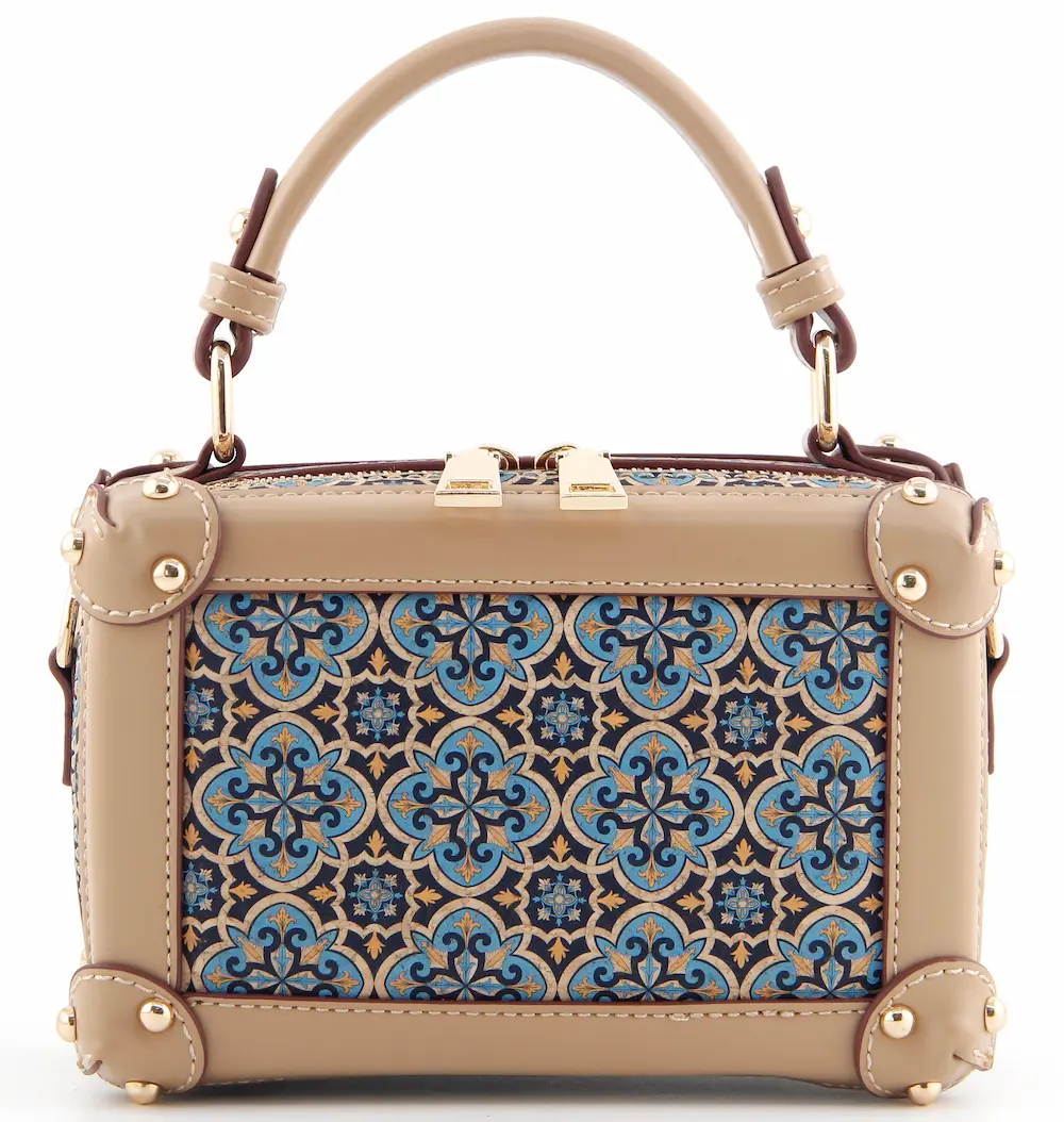 Portuguese Azulejo Cork Mini Trunk Bag - Structured Vegan Crossbody Box 1 Portuguese Azulejo Cork Mini Trunk Bag - Structured Vegan Crossbody Box