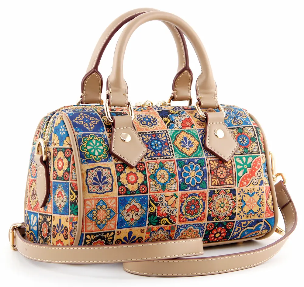 Portuguese Azulejo Tile Cork Boston Bag - Vegan Convertible Crossbody Handbag 2 Portuguese Azulejo Tile Cork Boston Bag - Vegan Convertible Crossbody Handbag - Image 2