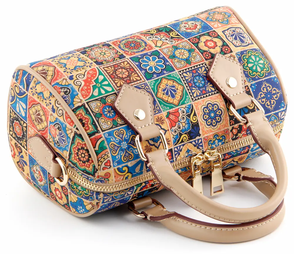 Portuguese Azulejo Tile Cork Boston Bag - Vegan Convertible Crossbody Handbag 4 Portuguese Azulejo Tile Cork Boston Bag - Vegan Convertible Crossbody Handbag - Image 4